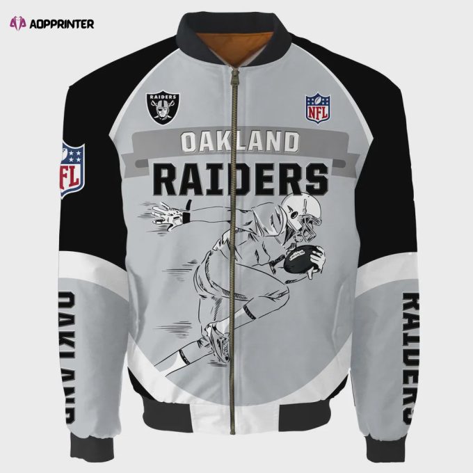 Oakland Raiders Players Running Pattern Bomber Jacket – Black And Gray