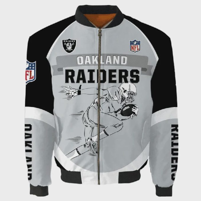 Oakland Raiders Team Logo Pattern Bomber Jacket – Gray And Black