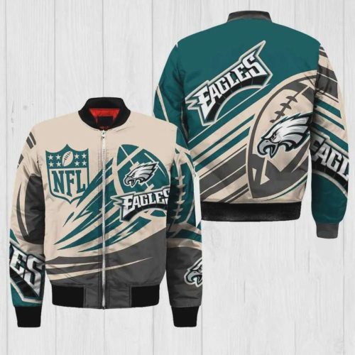 Philadelphia Eagles Logo Pattern Bomber Jacket – Beige And Teal Color