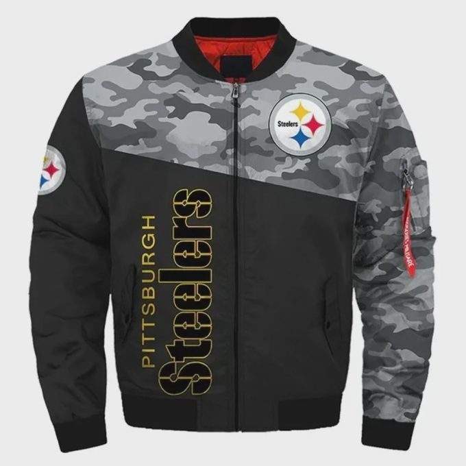 Pittsburgh Steelers Camo Pattern Bomber Jacket – Black And Gray