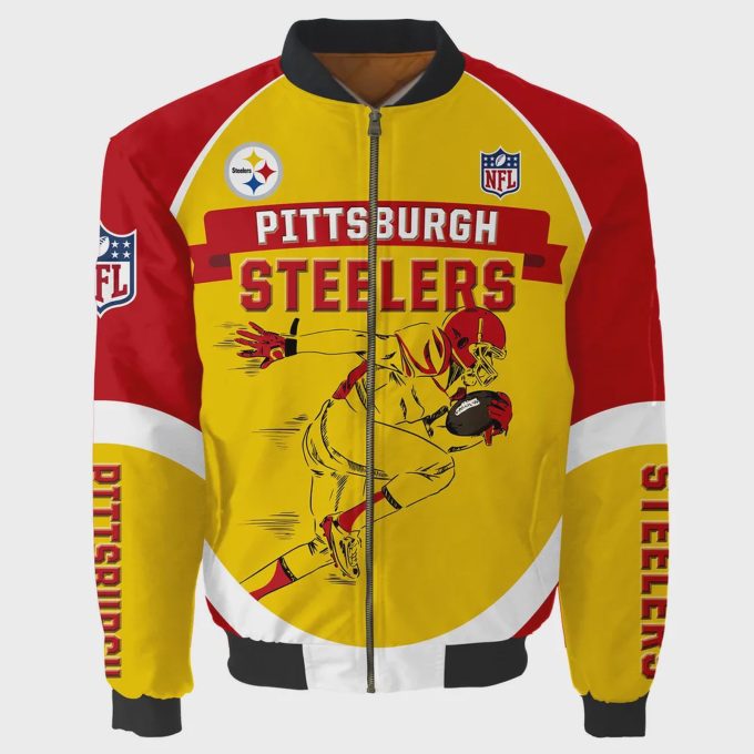 Pittsburgh Steelers Players Running Pattern Bomber Jacket – Yellow And Red