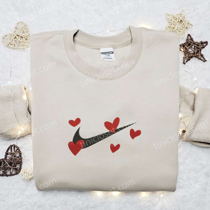 Valentine Nike Embroidered Shirt Hoodie & T-Shirt: Red Hearts x Nike Swoosh Design