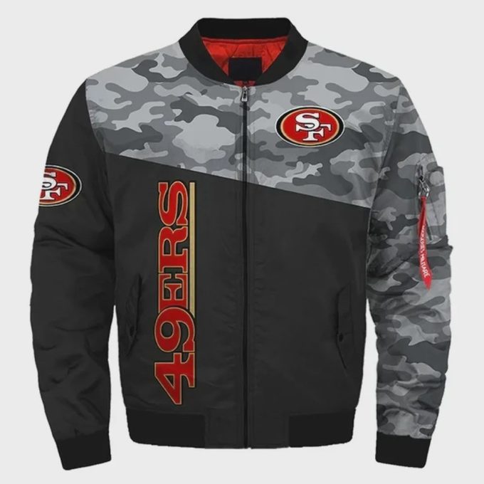 San Francisco 49ers Camo Pattern Bomber Jacket – Black And Gray