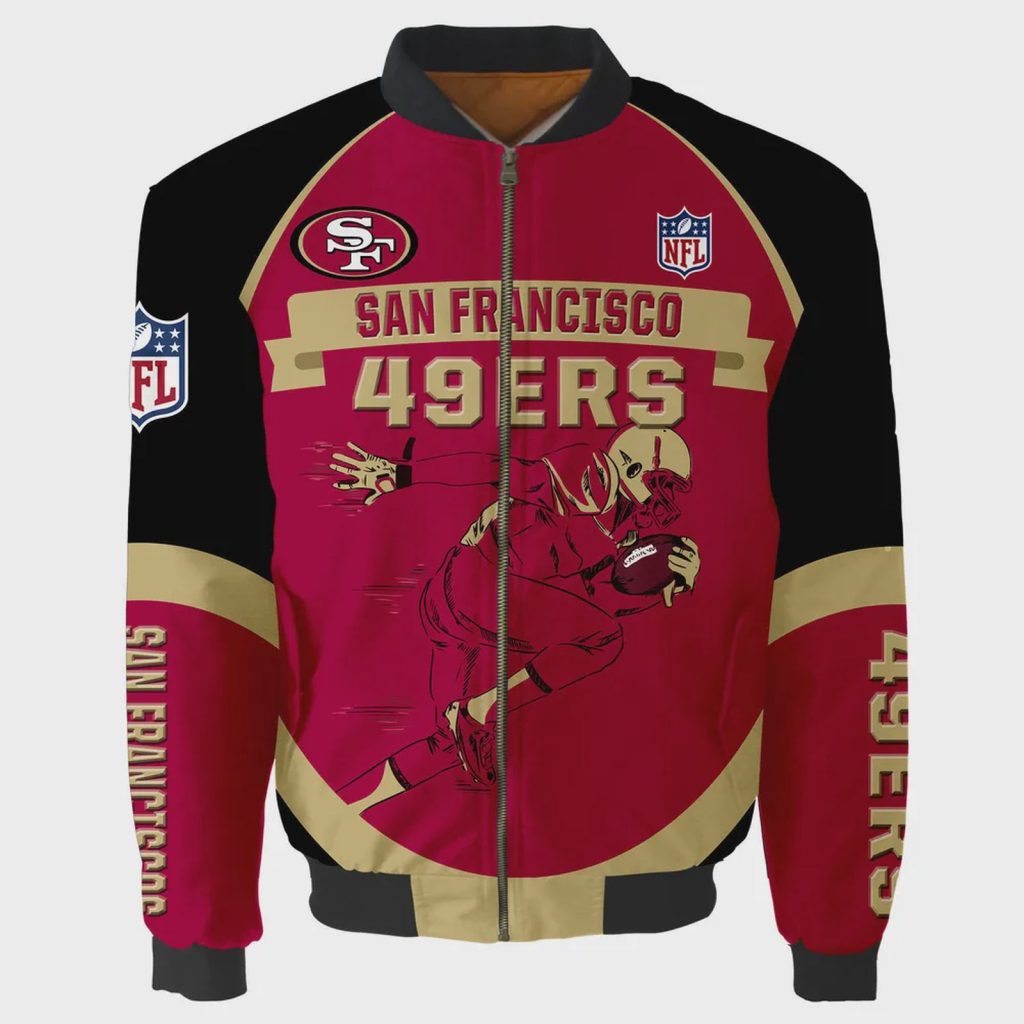 San Francisco 49ers Logo Pattern Bomber Jacket – Red