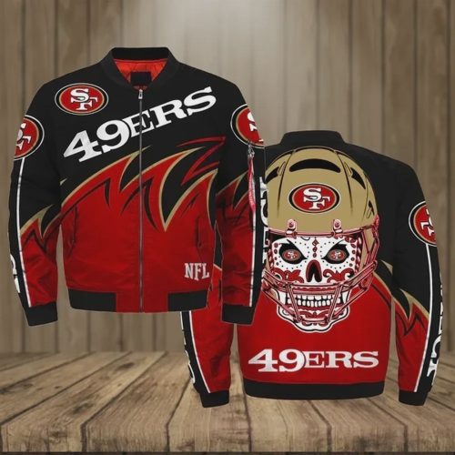 San Francisco 49ers With Skull Pattern Bomber Jacket – Red And Black