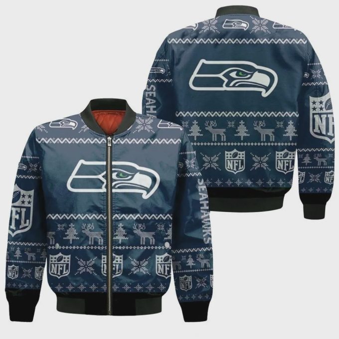 Seattle Seahawks Christmas Pattern Bomber Jacket – Navy Blue