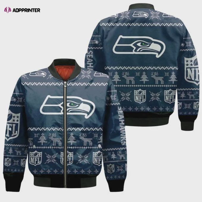 Seattle Seahawks Christmas Pattern Bomber Jacket – Navy Blue