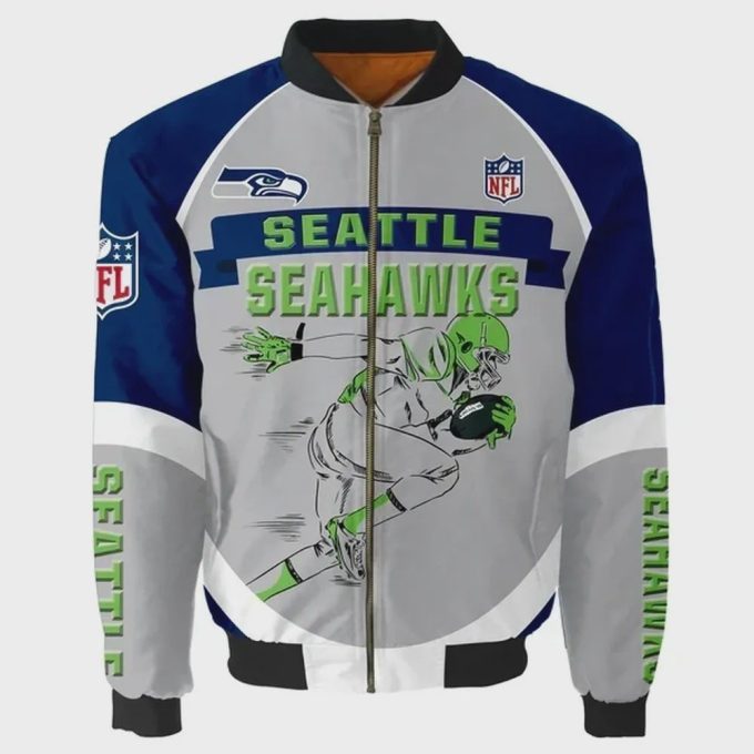 Seattle Seahawks Player Running Pattern Bomber Jacket – Gray And Blue