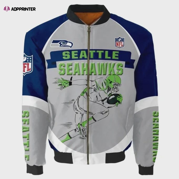 Seattle Seahawks Player Running Pattern Bomber Jacket – Gray And Blue