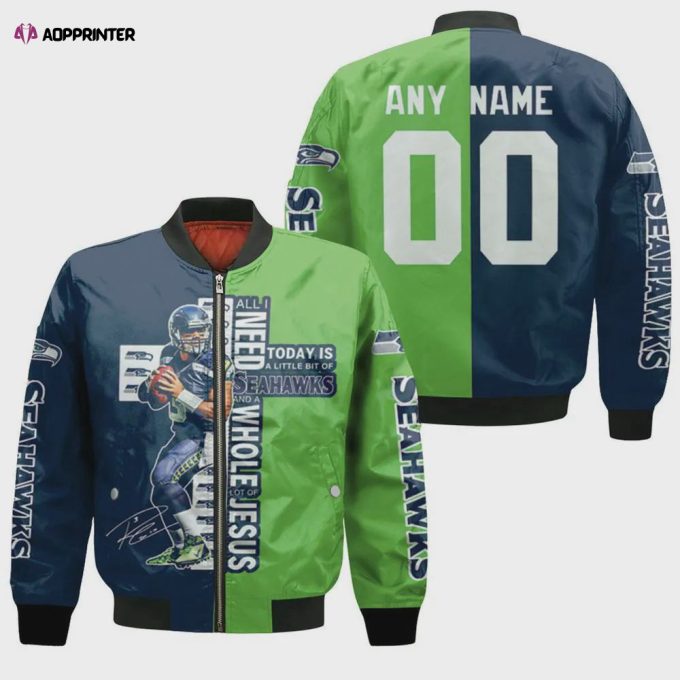 Seattle Seahawks With Custom Name Number Bomber Jacket – Green And Blue