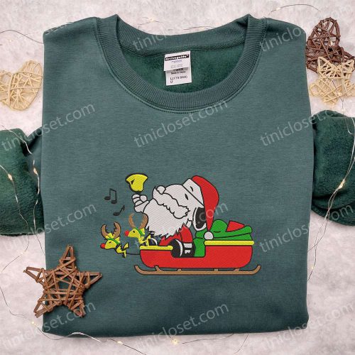 Snoopy Santa Riding Sleigh Shirt Hoodie & Sweatshirt: Festive Cartoon Embroidery for Christmas