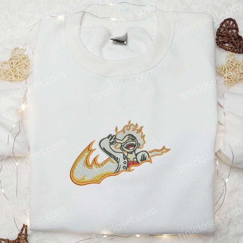 Swoosh x Luffy Gear 5 Laughing Sweatshirt: Best One Piece Anime Embroidered Shirt Perfect Gift for All Occasions