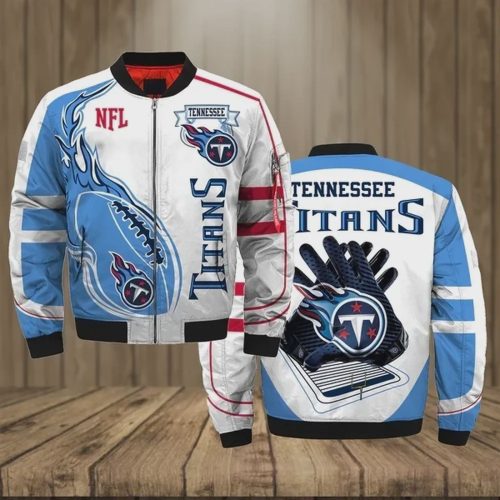 Tennessee Titans Team Logo Pattern Bomber Jacket – White And Blue