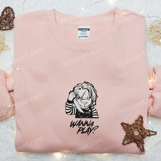 Wanna Play Chucky Embroidered Shirt – Scary Halloween Gift for Family