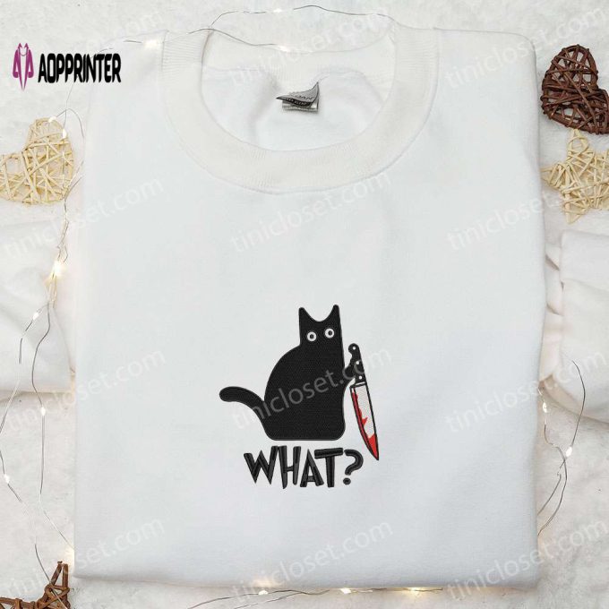 Funny Black Cat with Knife Embroidered Shirt: Best Halloween Gift